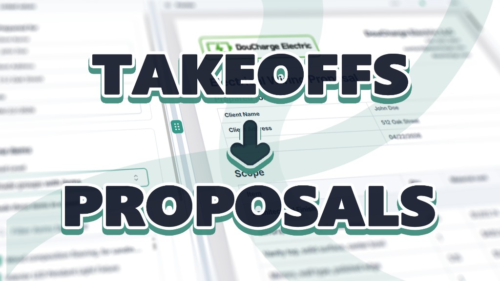 Bold TAKEOFFS-to-PROPOSALS graphic with teal shadow text over a blurred electrical wiring proposal preview in Quotr.ai.