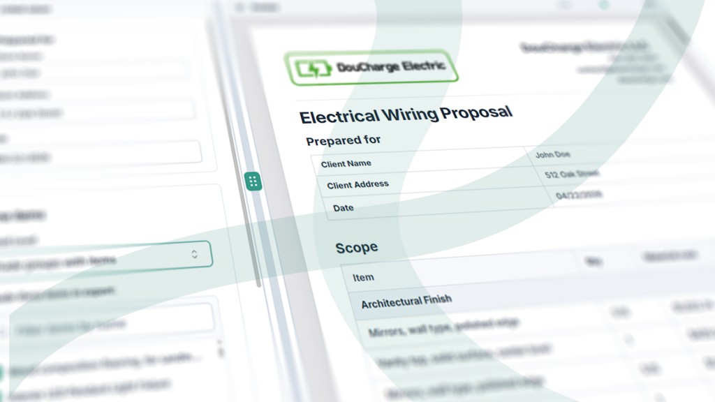 Angled Electrical Wiring Proposal screen with contractor header, client fields, scope table, teal wave, blurred sidebar.