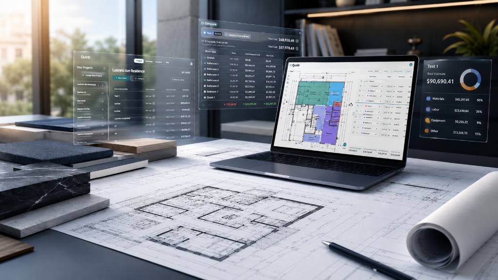Architect desk with samples; laptop shows Quotr.ai plan plus floating panels for room costs and job total.