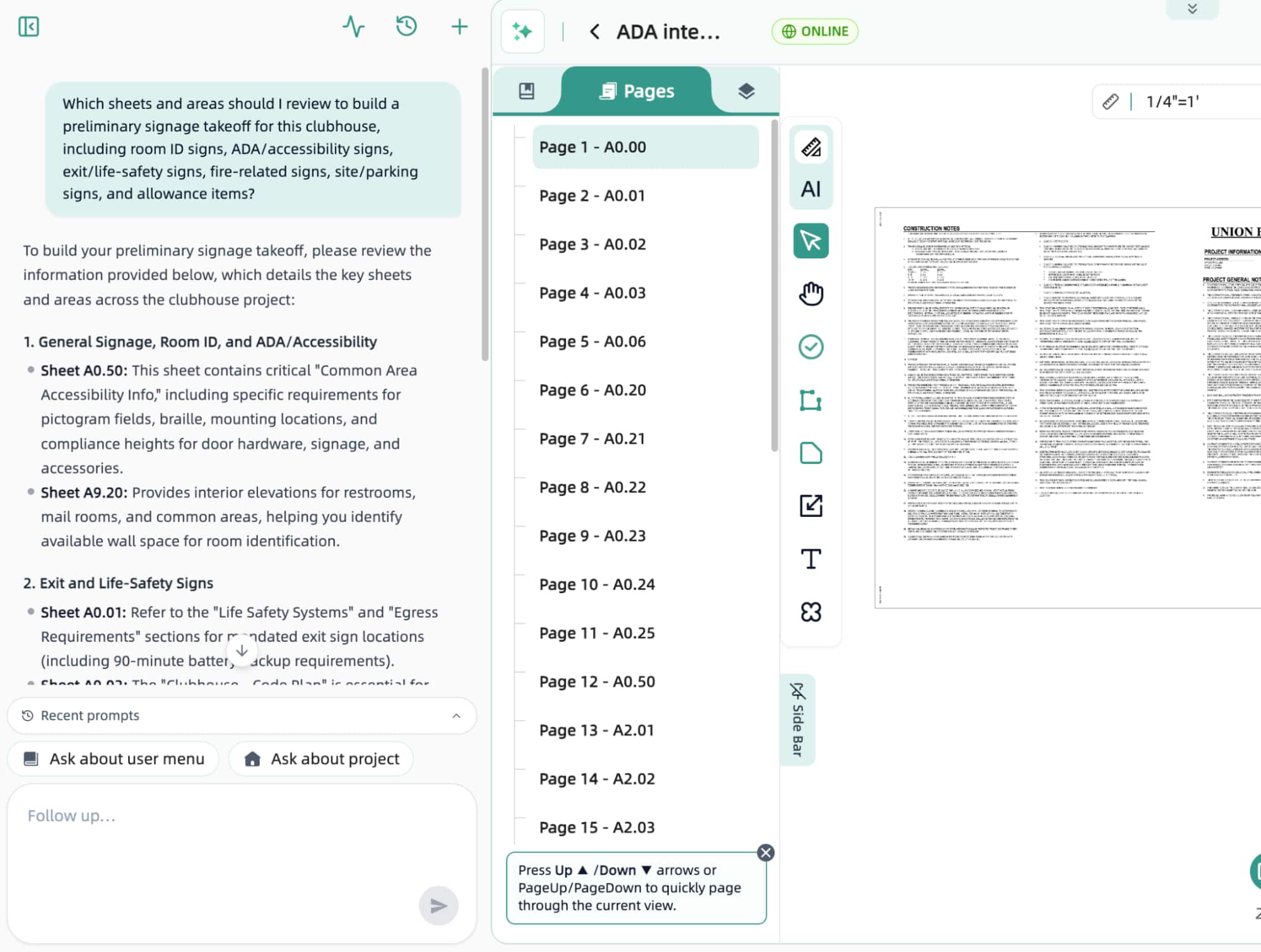 Quotr AI agent listing signage-relevant sheets for a clubhouse takeoff grouped by scope category Quotr AI agent listing signage-relevant sheets for a clubhouse takeoff grouped by scope category